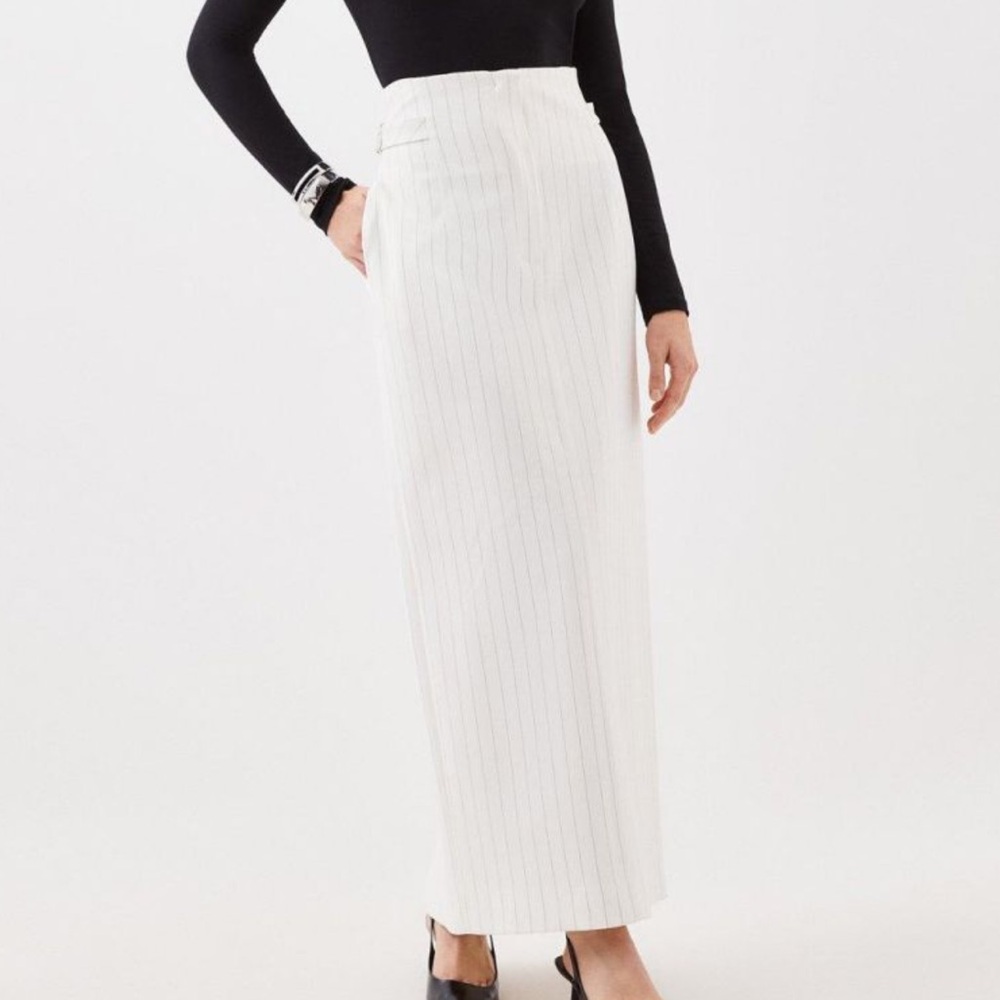 KAREN MILLEN Compact Stretch Pinstripe High Waist Tab Detail Skirt Ivory 2 Nwt